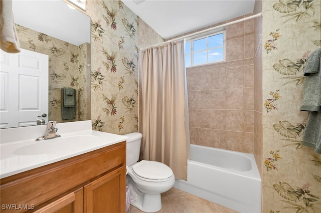 full bathroom with tile patterned floors, vanity, toilet, and shower / bathtub combination with curtain