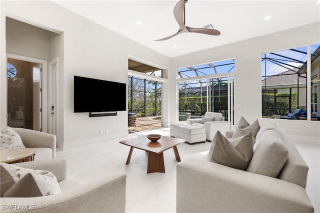 living room with ceiling fan