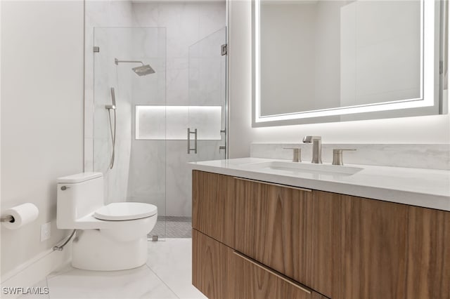 bathroom with toilet, vanity, walk in shower, and tile patterned flooring