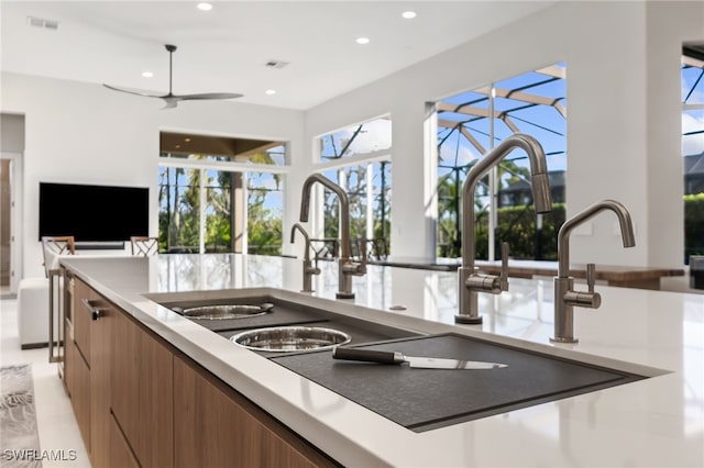 kitchen with ceiling fan and sink