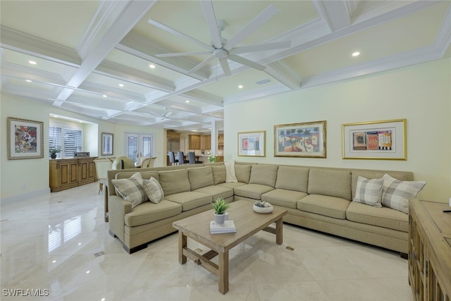 living area featuring beamed ceiling, coffered ceiling, and recessed lighting