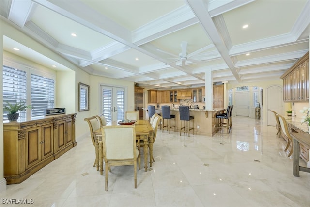 dining area with a wealth of natural light, french doors, coffered ceiling, and beam ceiling