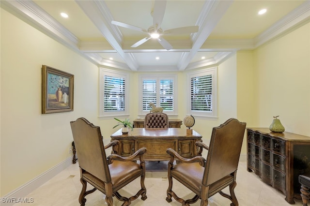 office area featuring light tile patterned floors, baseboards, coffered ceiling, crown molding, and beam ceiling