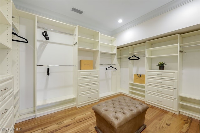 spacious closet featuring visible vents and light wood finished floors