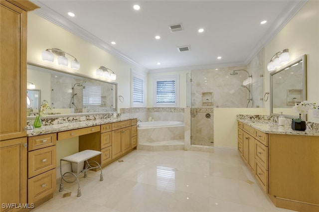 bathroom with a garden tub, recessed lighting, visible vents, ornamental molding, and a tile shower