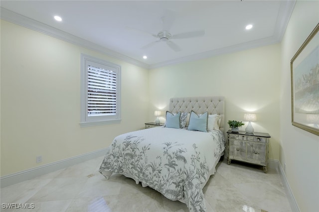 bedroom with a ceiling fan, recessed lighting, crown molding, and baseboards