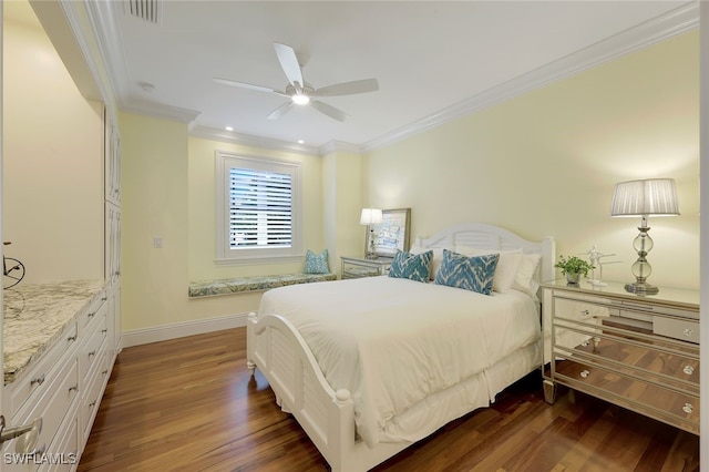 bedroom with baseboards, visible vents, ornamental molding, and dark wood-style flooring