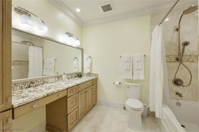 bathroom featuring visible vents, toilet, shower / bath combo with shower curtain, ornamental molding, and vanity