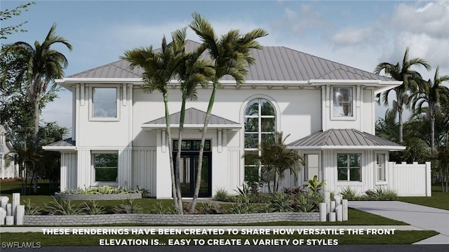 view of front facade with metal roof, a standing seam roof, and board and batten siding