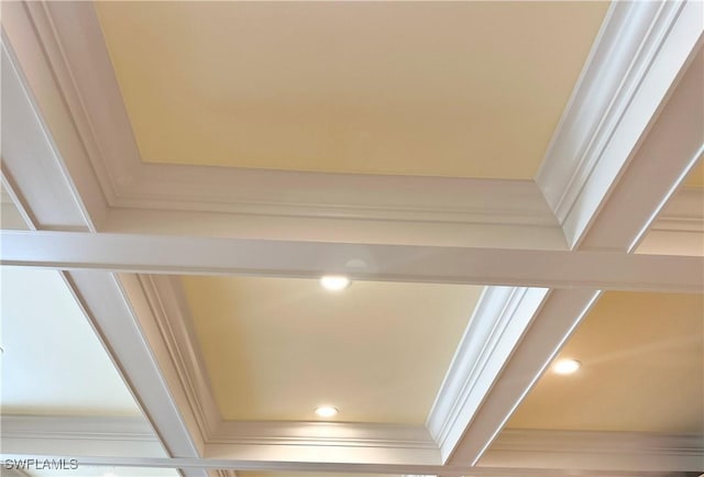 room details with ornamental molding, beamed ceiling, and recessed lighting