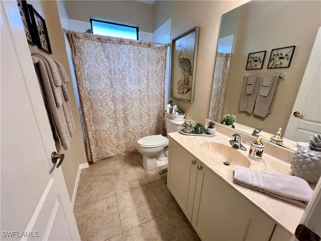 bathroom with tile patterned flooring, vanity, toilet, and a shower with shower curtain