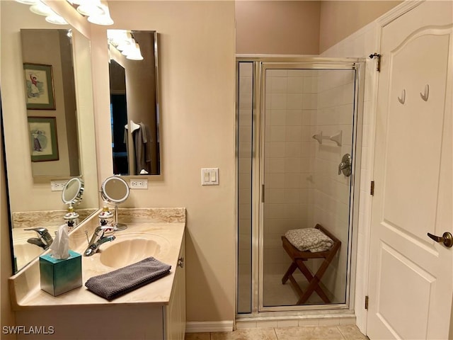 bathroom featuring tile patterned floors, vanity, and an enclosed shower