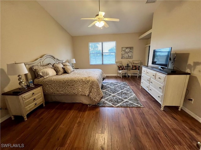 bedroom featuring ceiling fan, lofted ceiling, and dark wood-type flooring