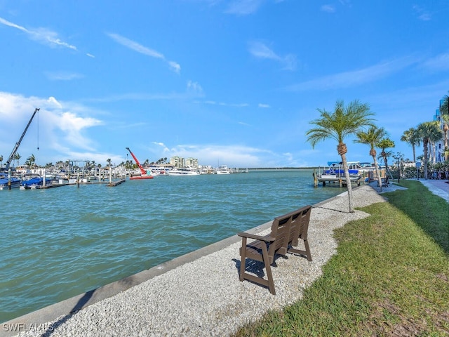 view of water feature with a boat dock