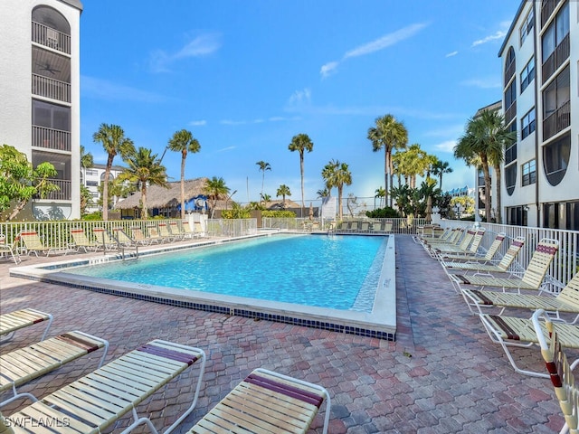 view of swimming pool featuring a patio