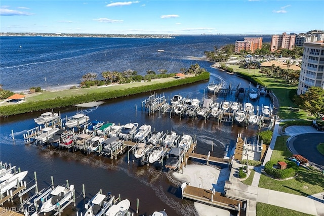 aerial view featuring a water view