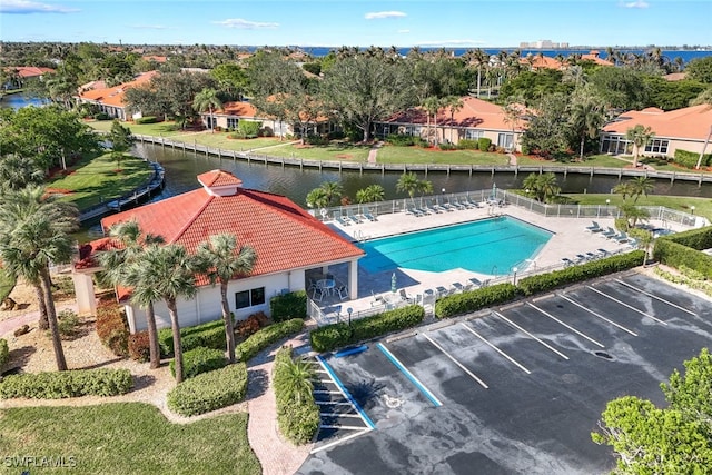 drone / aerial view featuring a water view