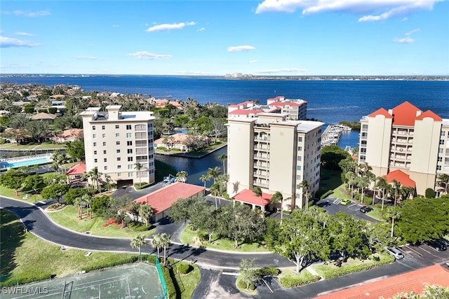 aerial view featuring a water view