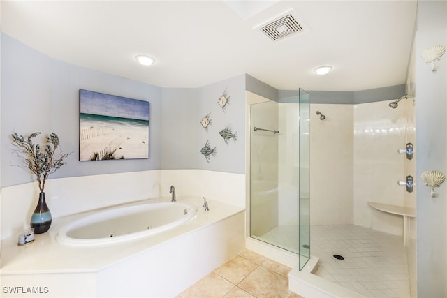 bathroom with tile patterned flooring and plus walk in shower