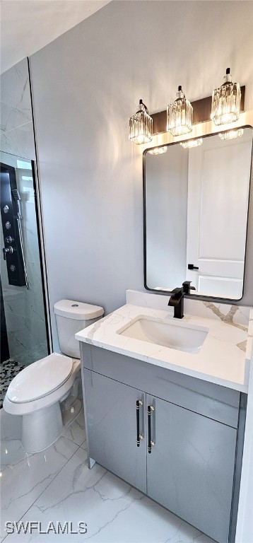 bathroom with vanity, toilet, and walk in shower