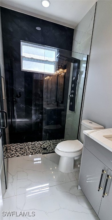 bathroom featuring vanity, an enclosed shower, and toilet