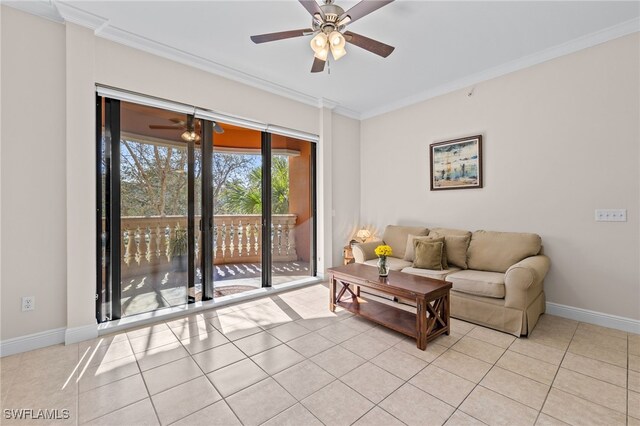 tiled living room featuring ceiling fan and crown molding