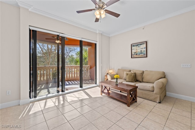 living room with ceiling fan, ornamental molding, and light tile patterned flooring