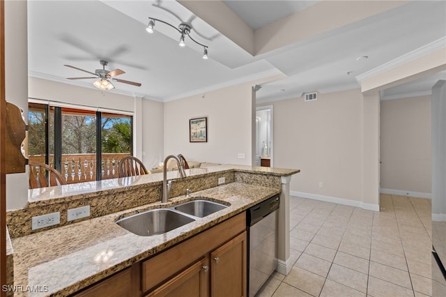 kitchen featuring sink, ornamental molding, light stone countertops, and dishwasher