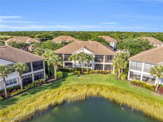 bird's eye view with a water view