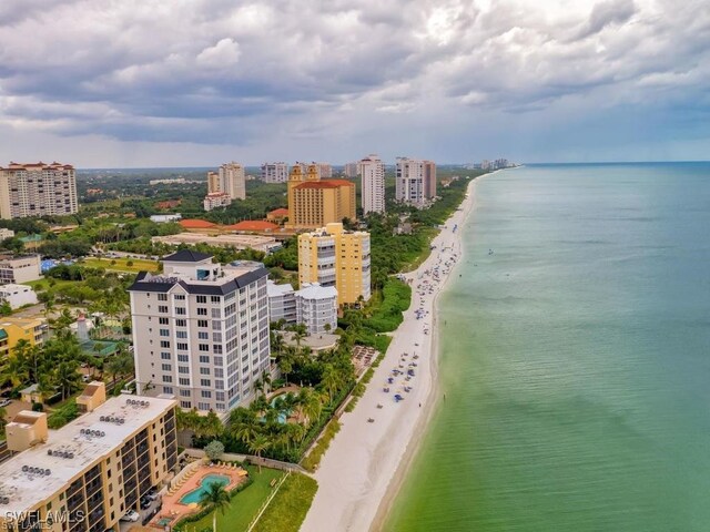 drone / aerial view featuring a beach view and a water view