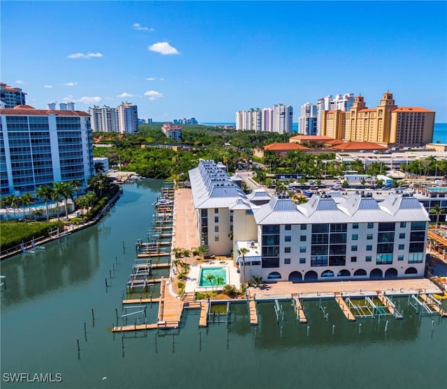 bird's eye view with a water view