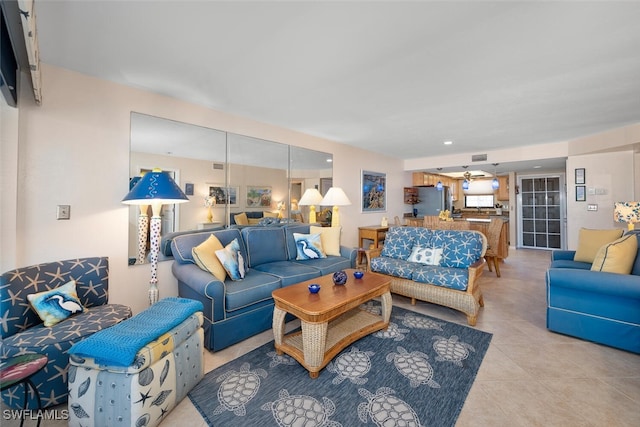 living room with light tile patterned flooring