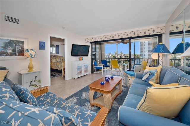 living room featuring tile patterned flooring