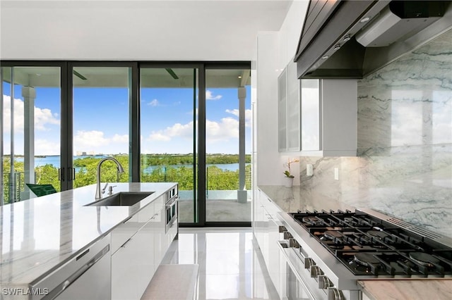 kitchen with a water view, under cabinet range hood, a sink, stainless steel appliances, and white cabinets