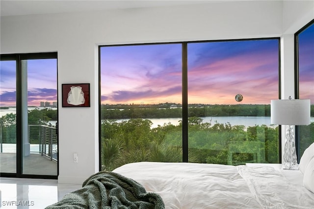 bedroom featuring access to exterior and a water view