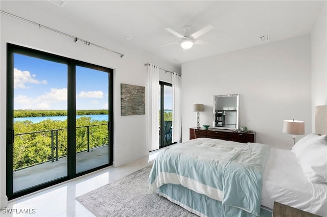 bedroom with access to outside, visible vents, a water view, and ceiling fan