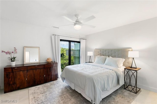 tiled bedroom with access to exterior, visible vents, baseboards, and a ceiling fan