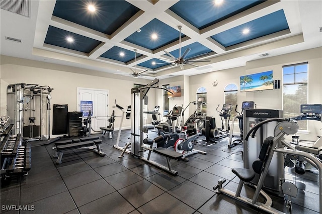 exercise room with visible vents, coffered ceiling, and ceiling fan