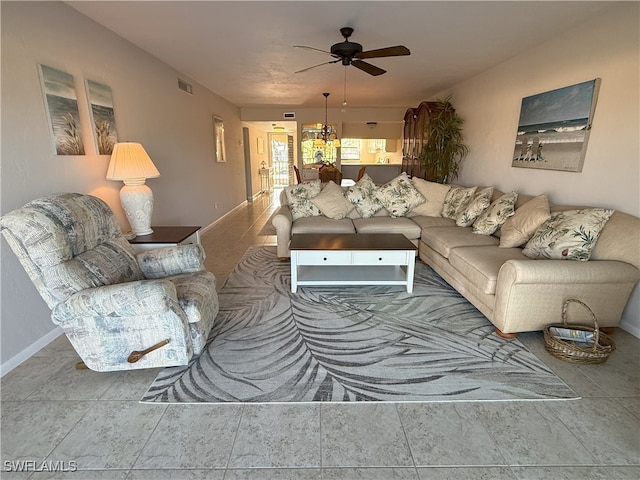 living room with ceiling fan