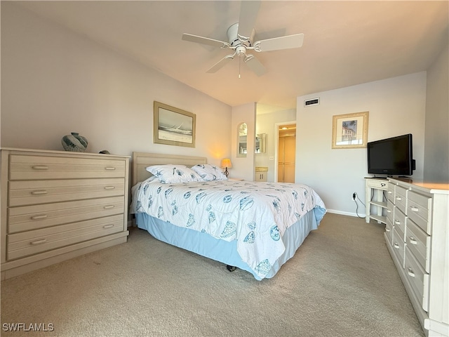 bedroom featuring ceiling fan and light colored carpet