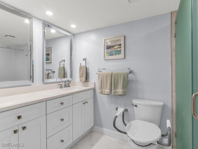 bathroom with an enclosed shower, vanity, and toilet