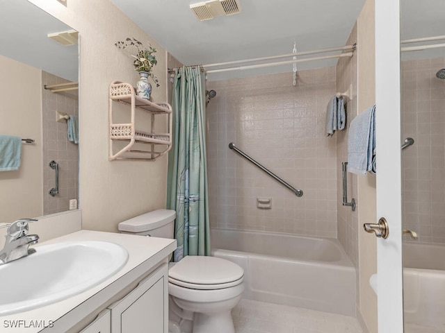 full bathroom featuring tile patterned floors, shower / bathtub combination with curtain, vanity, and toilet