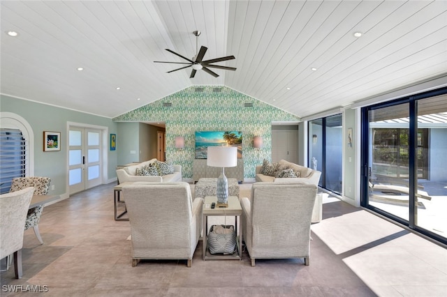 living room with ceiling fan, lofted ceiling, and wood ceiling