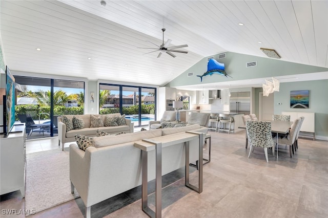 living room featuring ceiling fan, wooden ceiling, and high vaulted ceiling