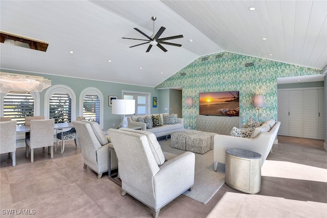 living room featuring ceiling fan, lofted ceiling, and wooden ceiling