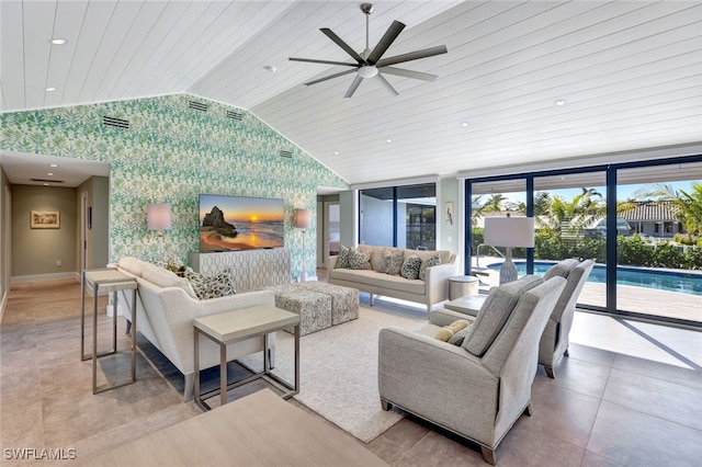 living room featuring ceiling fan, wood ceiling, and vaulted ceiling