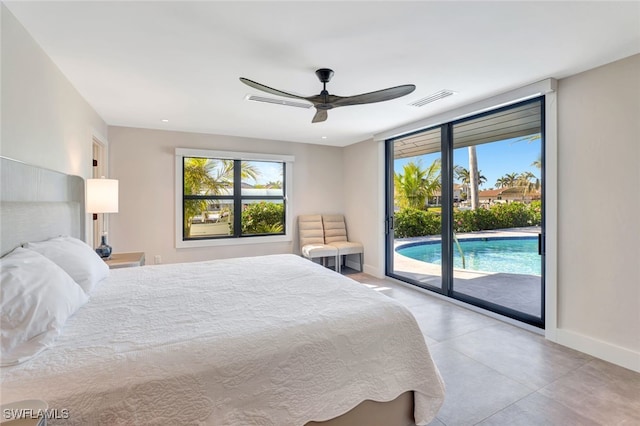 bedroom with access to outside and ceiling fan