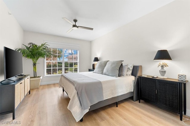 bedroom featuring ceiling fan and light hardwood / wood-style floors