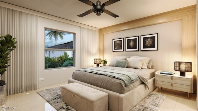 bedroom with light tile patterned floors and ceiling fan