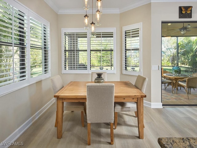 dining area featuring ceiling fan, crown molding, and hardwood / wood-style floors